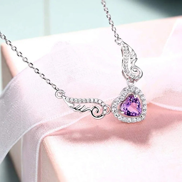 💜 Hollow Purple Heart Wings Lovely Pendant Necklace for Women, EVGG1052 - Picture 3 of 4